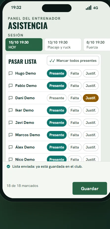 Pasar lista en el móvil: todos presentes salvo uno justificado, y la lista enviada y guardada en el club
