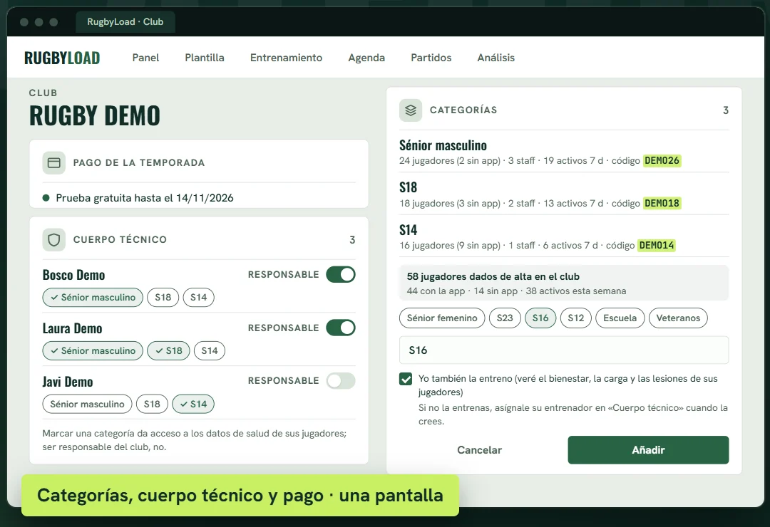 Pantalla del club Rugby Demo con el pago de la temporada, el cuerpo técnico y las categorías con sus códigos