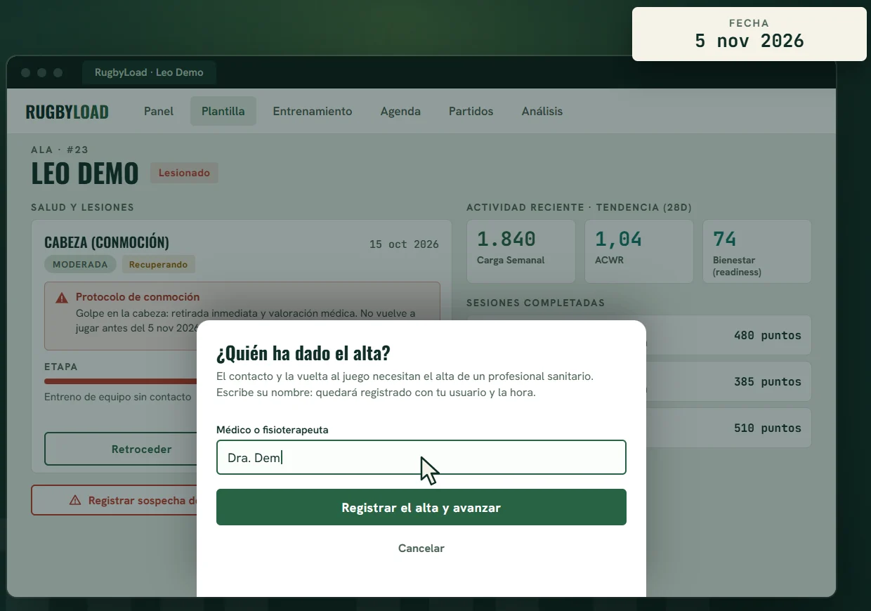Ficha de un jugador con el protocolo de conmoción en la etapa 5 de 6 y el diálogo para registrar quién ha dado el alta