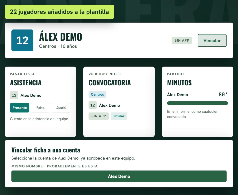 Ficha de un jugador sin app, con su asistencia, convocatoria y minutos, y la opción de vincularla a una cuenta